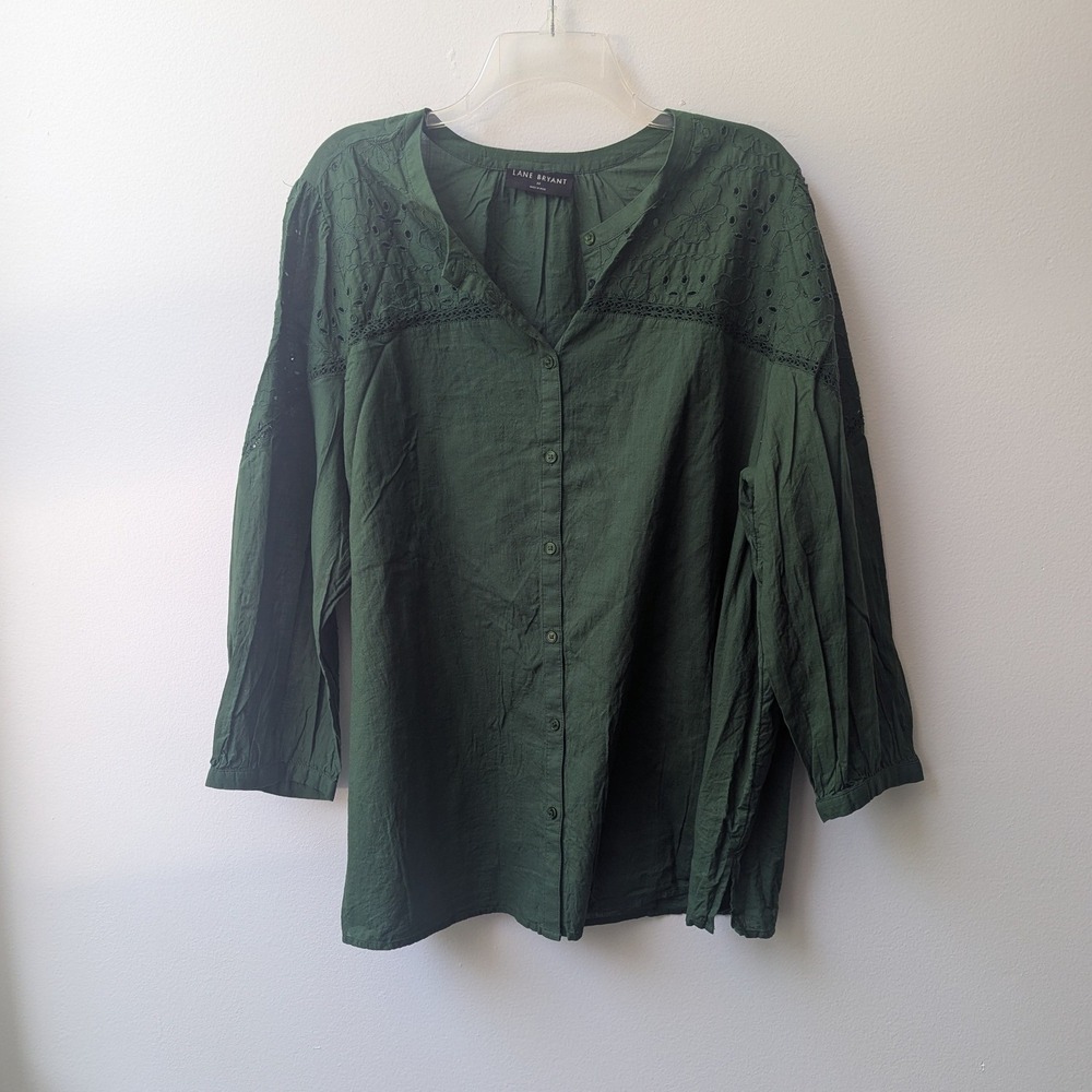 Lane Bryant Blouse Dark Green Eyelet Embroidered Cotton Top Sz 22 Boho Peasant
